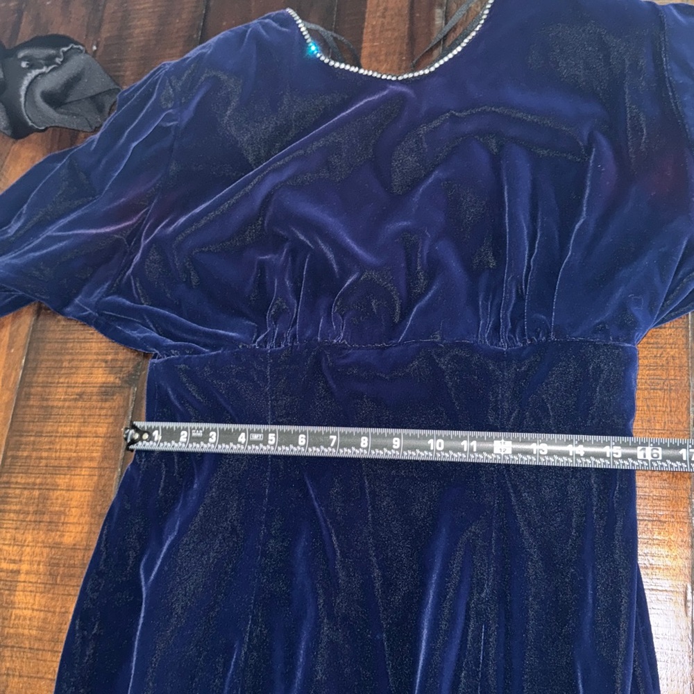 Vintage Navy Blue Velvet Midi Dress Shoulder Pads Back Slit USA Made - Picture 5 of 9